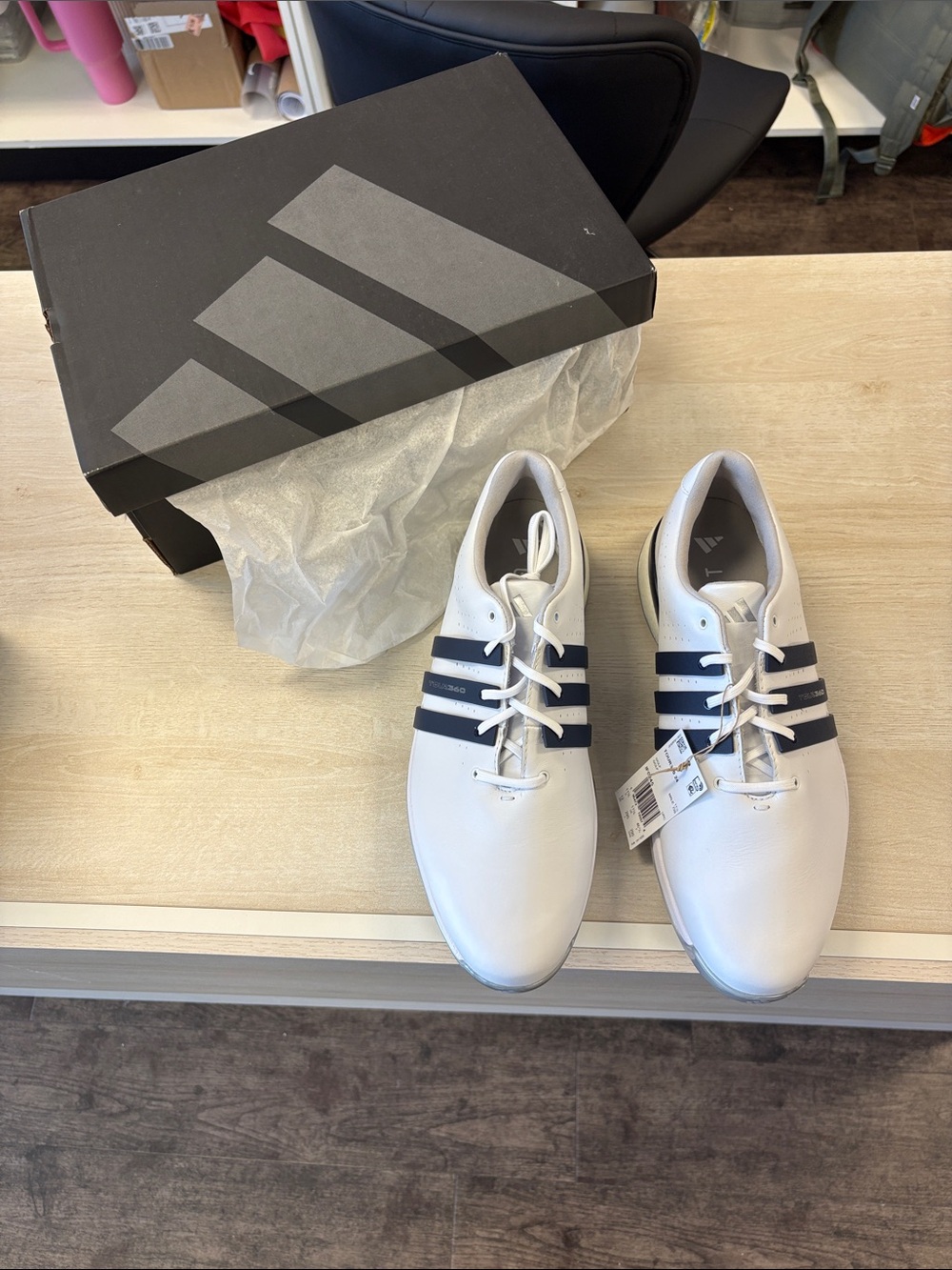 adidas TOUR360 24 White golf Sneakers with Navy Three-Stripes
